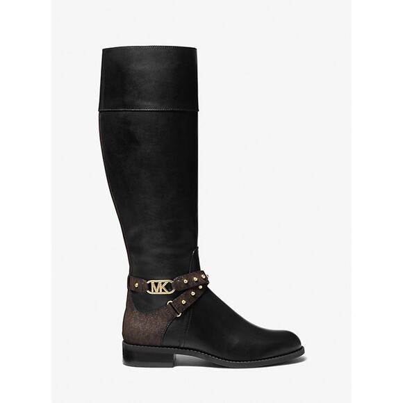 MICHAEL KORS KINCAID LEATHER RIDING BOOTS W LOGO STUDDED STRAPS SZ 7 $375 MSRP - Picture 2 of 6